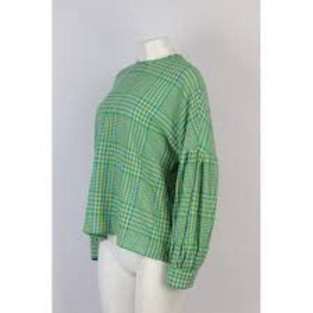 Tibi Plaid Checked Wool Blend Green Top Size 6